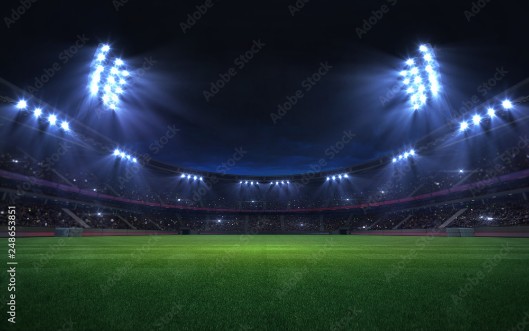 Picture of Universal grass stadium illuminated by spotlights and empty green grass playground grand sport building digital 3D background advertisement background illustration